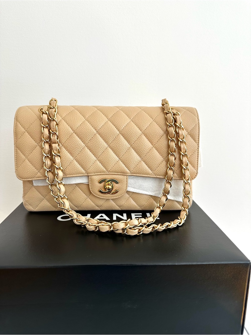CHANEL Classic Caviar Small Double Flap Beige Quilted with Gold Chain Bag.